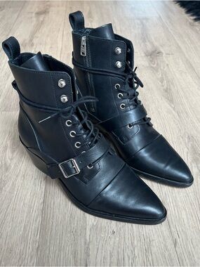 AllSaints Katy Boot Black Leather Lace-Up Pointed Ankle Boot with Buckle